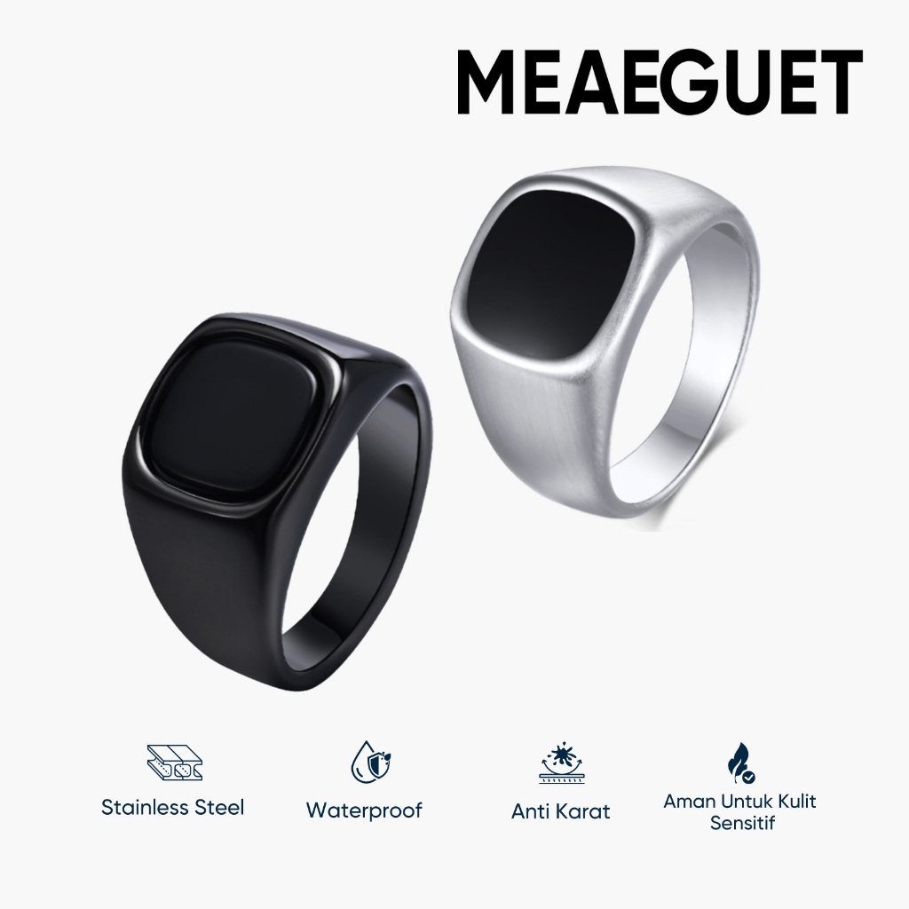 Meaeguet Cincin Batu Akik Pria Cincin Permata Wanita Baja Titanium Perak Hitam Anti Karat Aksesoris 
