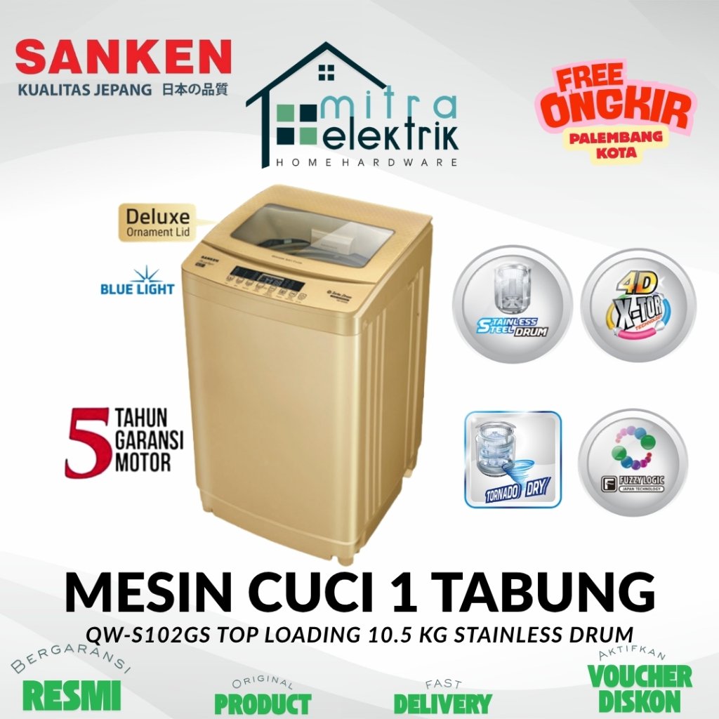 Mesin Cuci SANKEN QW-S102GS Top Loading 10.5 Kg Stainless Steel Drum Gold Series
