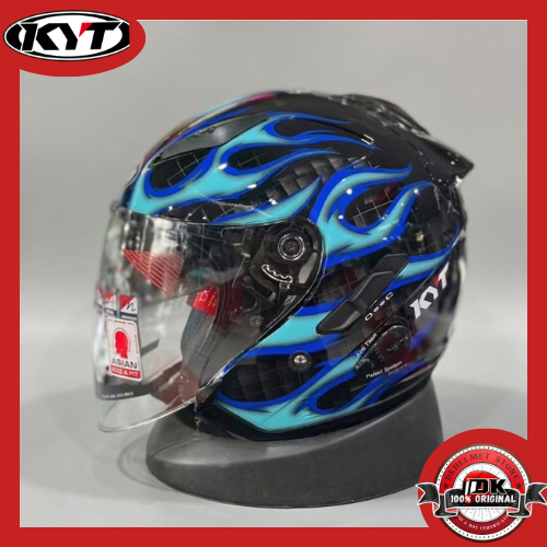 HELM HALF FACE KYT GALAXY FLAT R FLAME BLACK BLUE DOUBLE VISOR ORIGINAL HITAM BIRU API