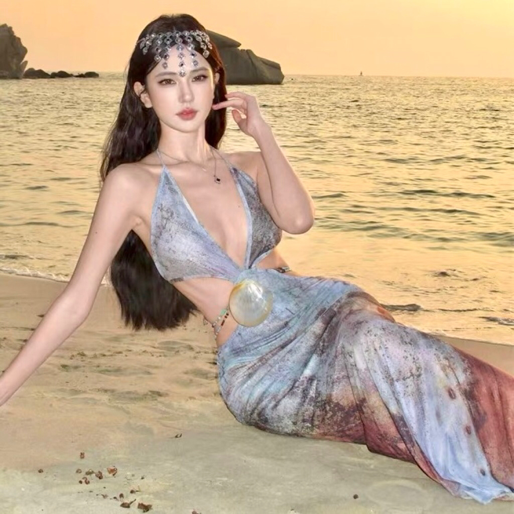 Women's Sexy Halter High Waist Dress Outer Light Blue D1299