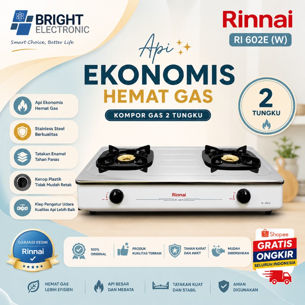 RINNAI KOMPOR GAS 2 TUNGKU RI 602E (W) API EKONOMIS/RI602E(W)/RI-602E(W)/RI 602 E (W)/RI602E(W)