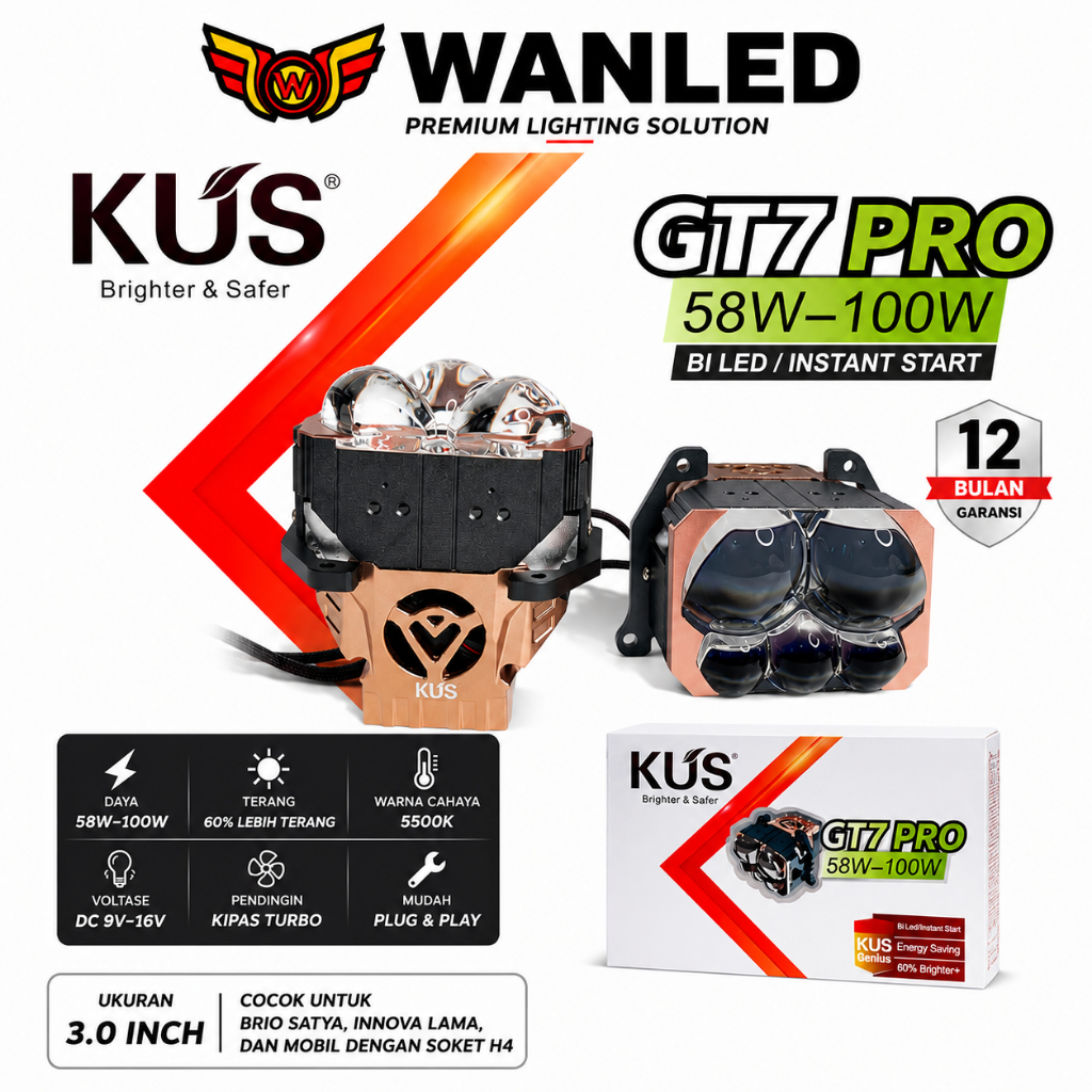 KUS GT7 PRO lampu biled projector 3 inch laser 5 mata titik bi led bluelens 110W mobil motor