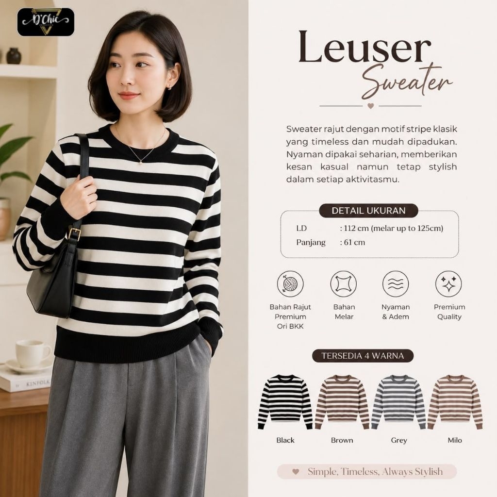 D'Chic -Leuser Sweater Wanita Rajut Premium LD112 Stripe Kerah O-Neck Oversize Adem Nyaman
