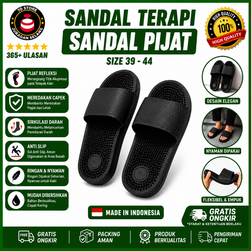 Sendal Terapi Kesehatan Sandal Terapi Anti Slip Sandal Karet Hitam Sandal Pijat Anti Licin