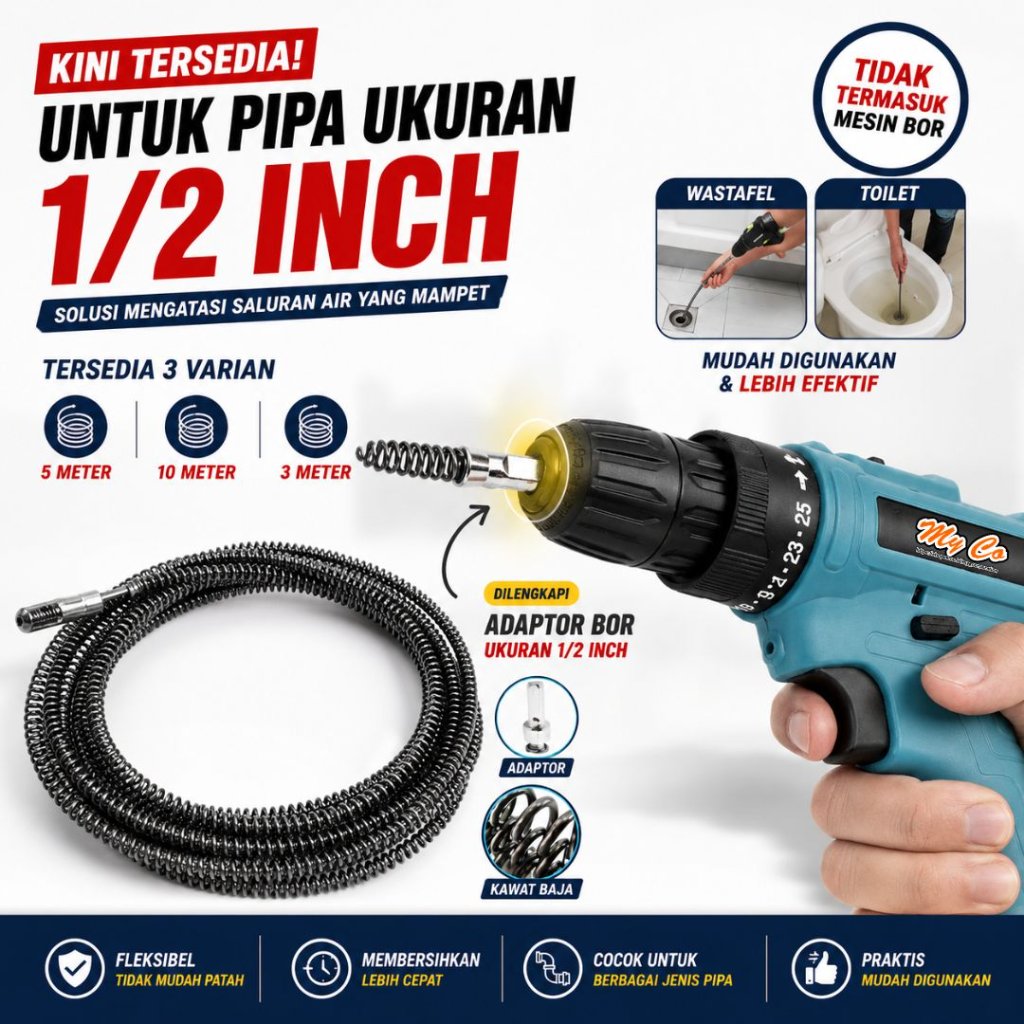 Pipe Cleaner Kawat Pembersih Saluran Pipa Mampet Dengan Adaptor Bor - Kawat Pembersih Saluran Pipa M