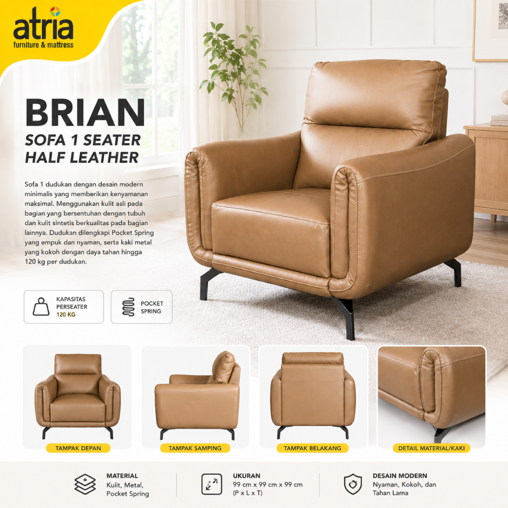Atria Brian Sofa 1 Seater Atria Half Leather Grey