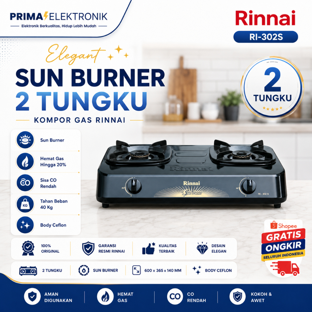 RINNAI KOMPOR GAS 2 TUNGKU RI 302S KOMPOR RI 302 S/RI302S/RI-302S/RI 302 S/ORIGINAL RINNAI /GARANSI