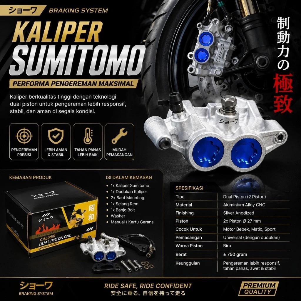 Kaliper Sumitomo Dual Piston CNC Aluminium Caliper Rem Depan 2 Piston Universal Matic Bebek Sport