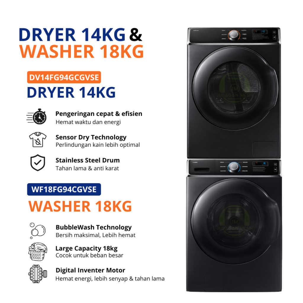 Mesin laundry komersial 1 Stack Samsung dryer 14kg & Washer 18kg