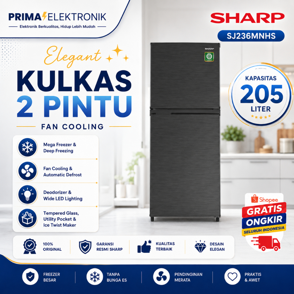 Kulkas 2 Pintu Sharp SJ-236MNHS/SJ236MNHS/SJ 236MNHS/SJ-236-MNHS/SHARP KULKAS ORIGINAL GARANSI RESMI