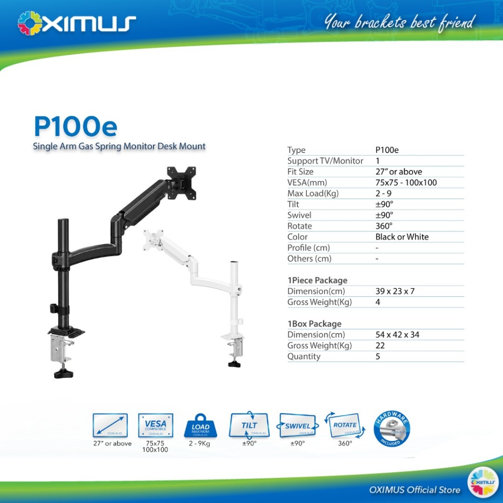 BRACKET MONITOR DESKMOUNT GAS SPRING OXIMUS P100e TILT SWIVEL ROTATE