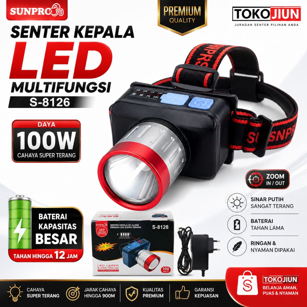 Sunpro Headlamp LED Senter Kepala LED Sunpro 100W Bisa Zoom Batre Isi Ulang
