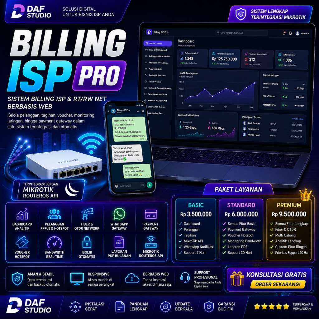 Billing ISP Pro – Sistem Billing ISP, RT/RW Net & Hotspot MikroTik lifetime