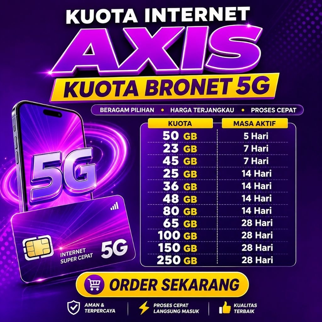 Kuota Internet Axis BRONET 5G 23 GB - 250 GB Masa Aktif 5 - 28 Hari Paket Internet Axis Murah