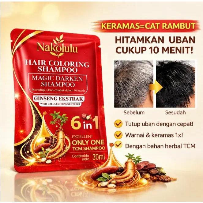 Nakolulu Hair Coloring Shampoo Magic Darken Ginseng Ekstrak 30ml Herbal TCM 6in1