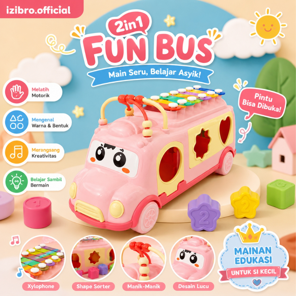 IZIBRO - MAINAN HAPPY BUS XYLOPHONE YE 20 MUSIC BUS MAINAN EDUKASI MUSIK PUZZLE YE20