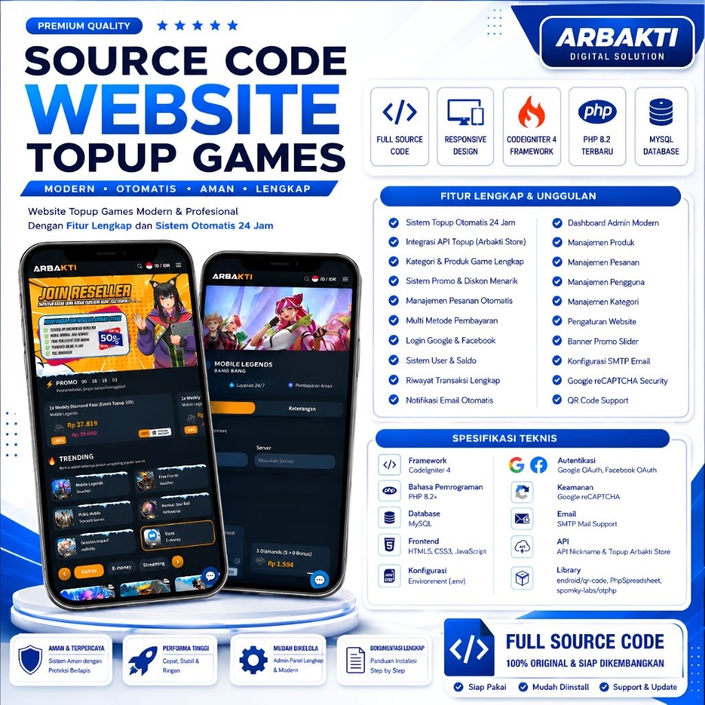 Source Code Website Top Up Games CodeIgniter 4 PHP 8.2 MySQL | Full Source Code Responsive Siap Inst