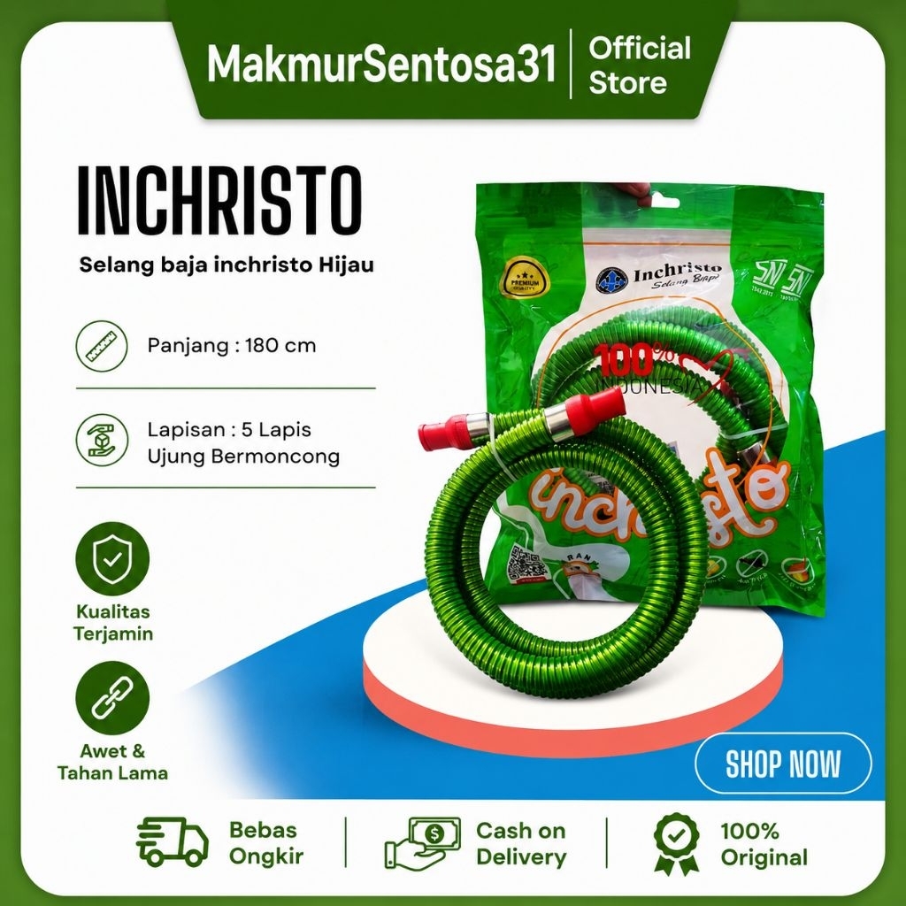 (HIJAU) INCHRISTO Selang Kompor Gas Lapis Baja 5 Lapis  Anti Bocor Anti Karat Anti Tikus Original