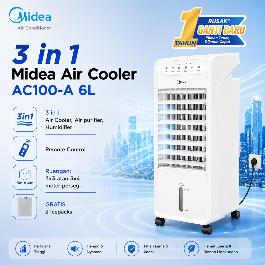 Midea Air Cooler 6L AC100-A Pendingin Remote Udara Portable Dalam Ruangan Ionizer Garansi Resmi