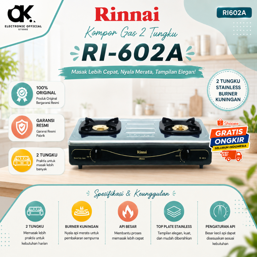 RINNAI KOMPOR GAS 2 TUNGKU RI602A KOMPOR RINNAI/RI 602A/RI-602A/RI 602 A/ORIGINAL RINNAI/GARANSI