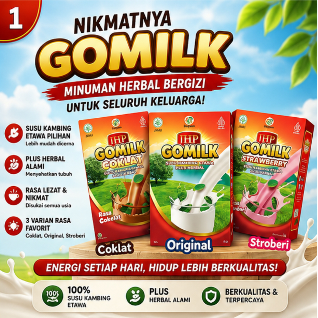 JHP Gomilk Minuman Herbal Bergizi Susu Kambing Etawa Plus Herbal, 3 Rasa Coklat Original Stroberi