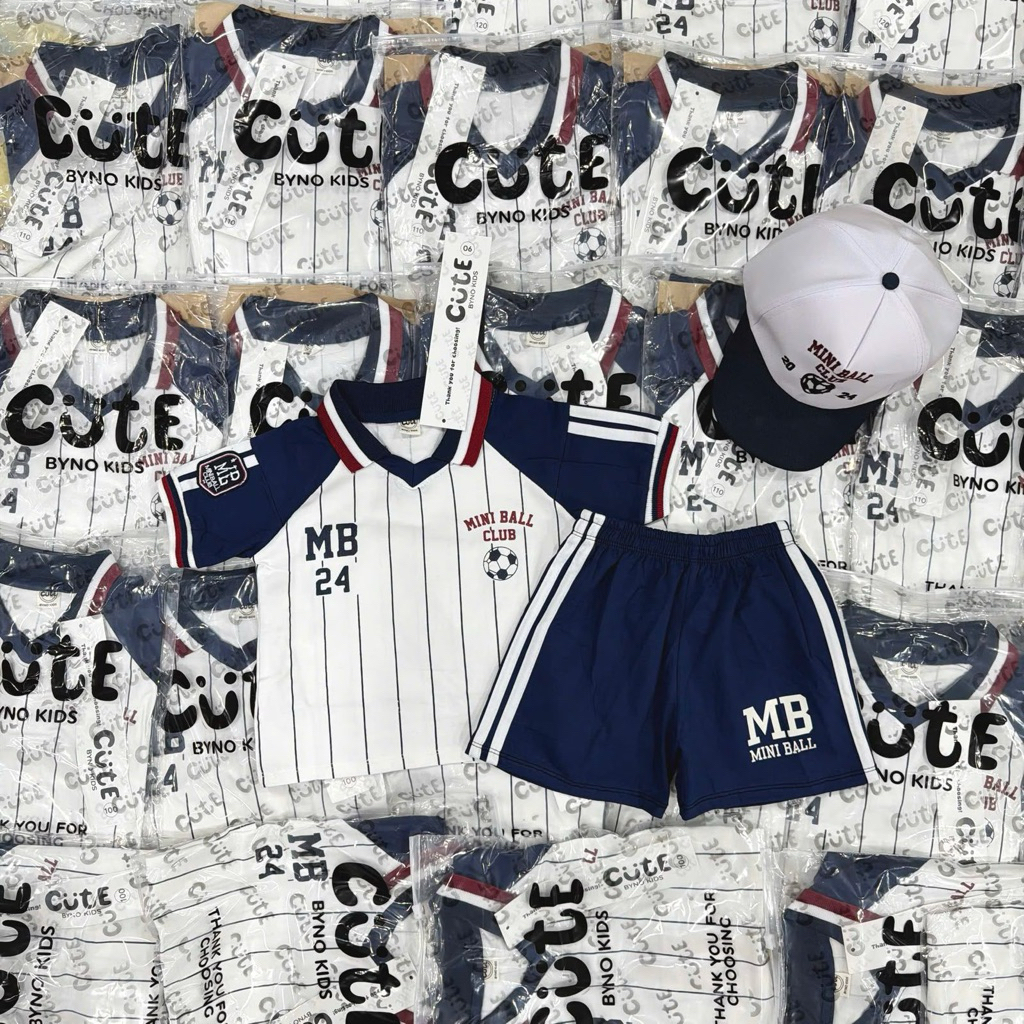 Setelan Baju Anak Mini Ball Club Putih Biru Lengan Pendek Set Kaki  Dan Topi size 1-7t import premi