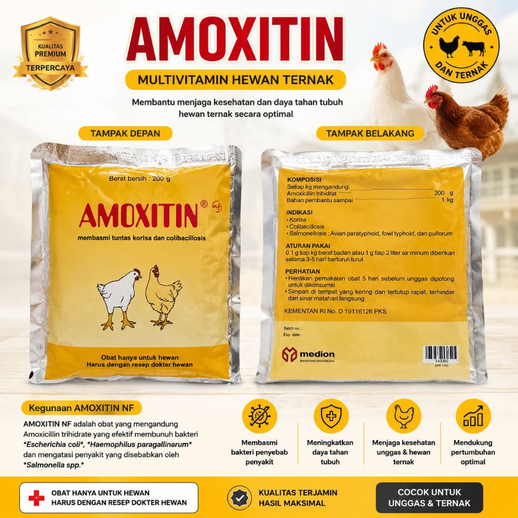 AMOXITIN NF 250 Obat Antibiotik Unggas Ayam Petelur Broiler Atasi Kolibasilosis Korisa Salmonella