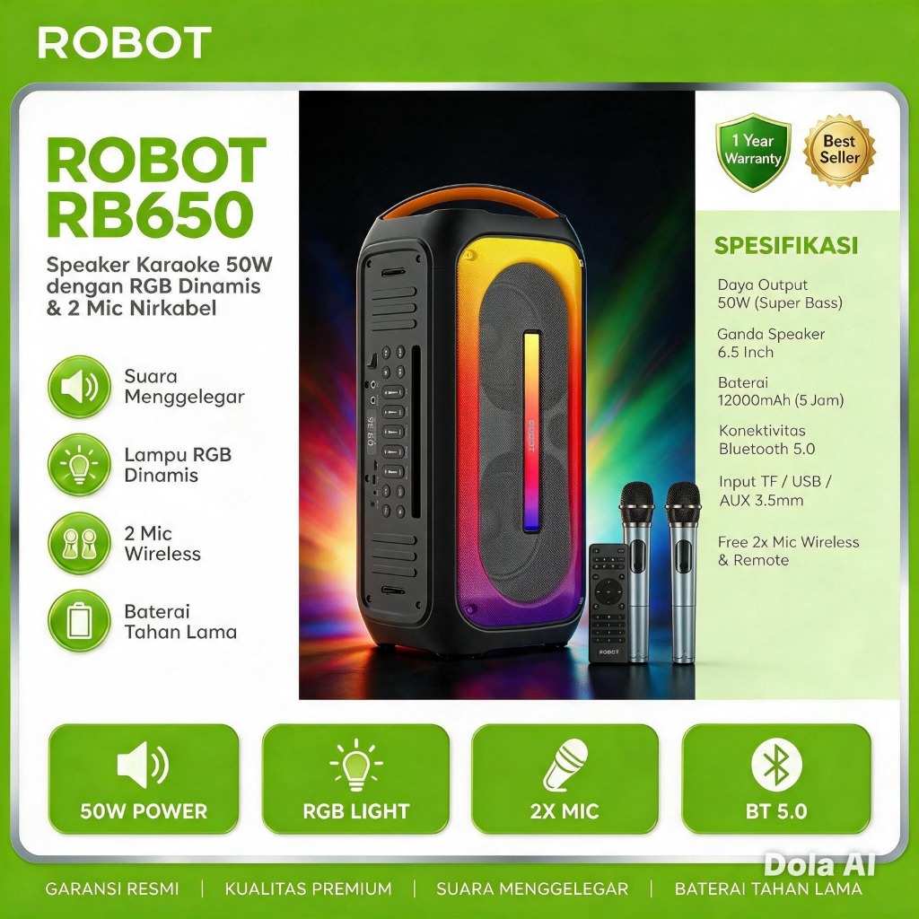 Speaker Karaoke RB650 Robot dengan Efek Pencahayaan RGB dan Mikrofon Nirkabel