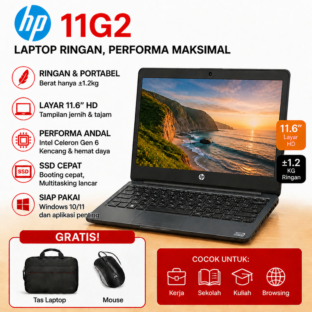 Laptop HP 11 G2 Intel Gen 6 RAM 4GB/8GB SSD 128GB/256GB Bekas Original Layar HD Untuk Sekolah Dan Ka