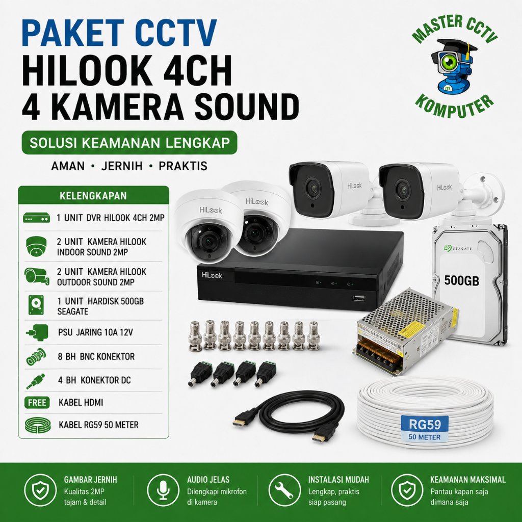 PAKETAN CCTV HILOOK 4CH 4 KAMERA SOUND