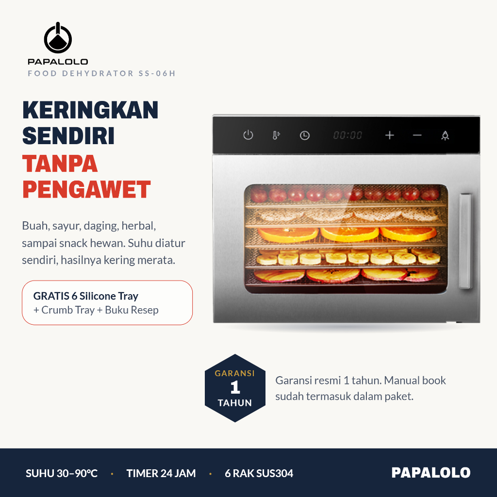 PAPALOLO Mesin Pengering Makanan 6 Rak Food Dehydrator Stainless Pengering Buah Sayur Daging Dendeng