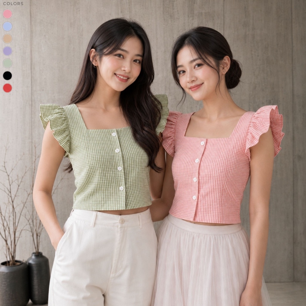 Cella Top Blouse Crop Ruffle Kotak Wanita Gaya Korea Lengan Pendek