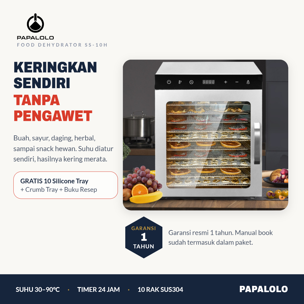 PAPALOLO Mesin Pengering Makanan 6 Rak Food Dehydrator Stainless Pengering Buah Sayur Daging Dendeng
