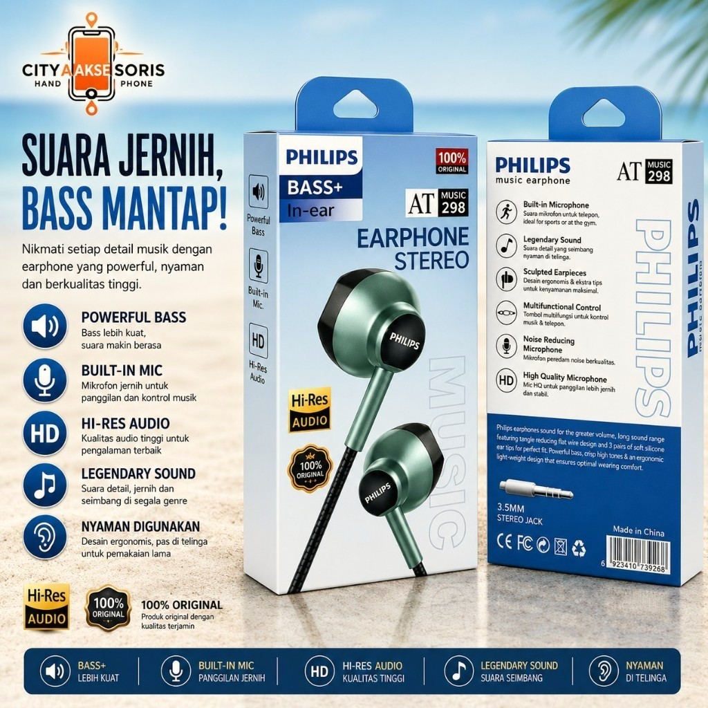 Handsfree Headset Philips Earphone QP-268S VA-298 AT-119 AT-036 SP-059 QP-119 AT-298 PH-229