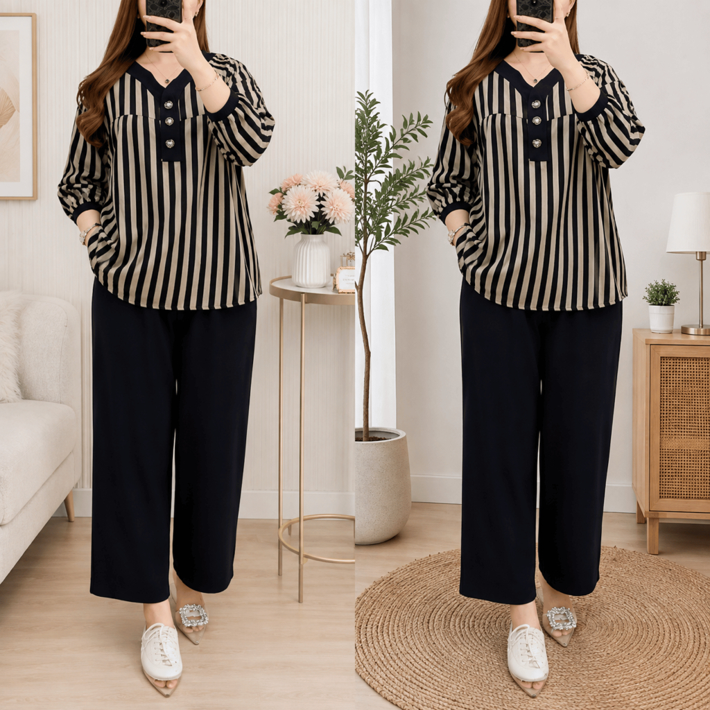 Setelan Wanita Andin Kombinasi Panjang Baju One Set Cewek Motif Salur Kancing Lengan Karet Kekinian