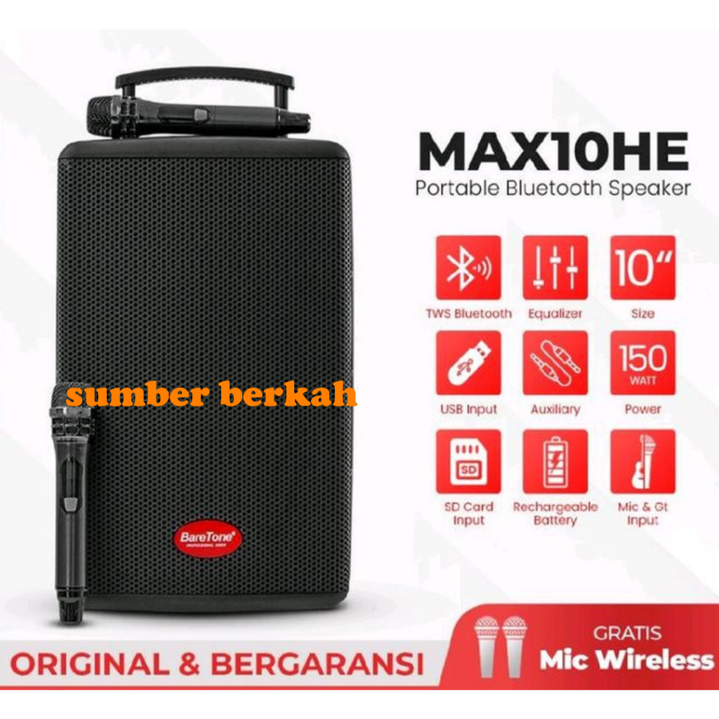 Baretone Speaker Portable MAX10HE Speaker Bluetooth 10inch Speaker Baretone MAX 10HE