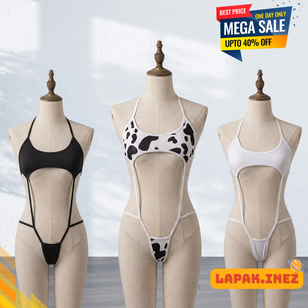 Leotard Lingerie Teddy Fit XL Bra V Shape Bikini Motif Sapi Hitam Putih