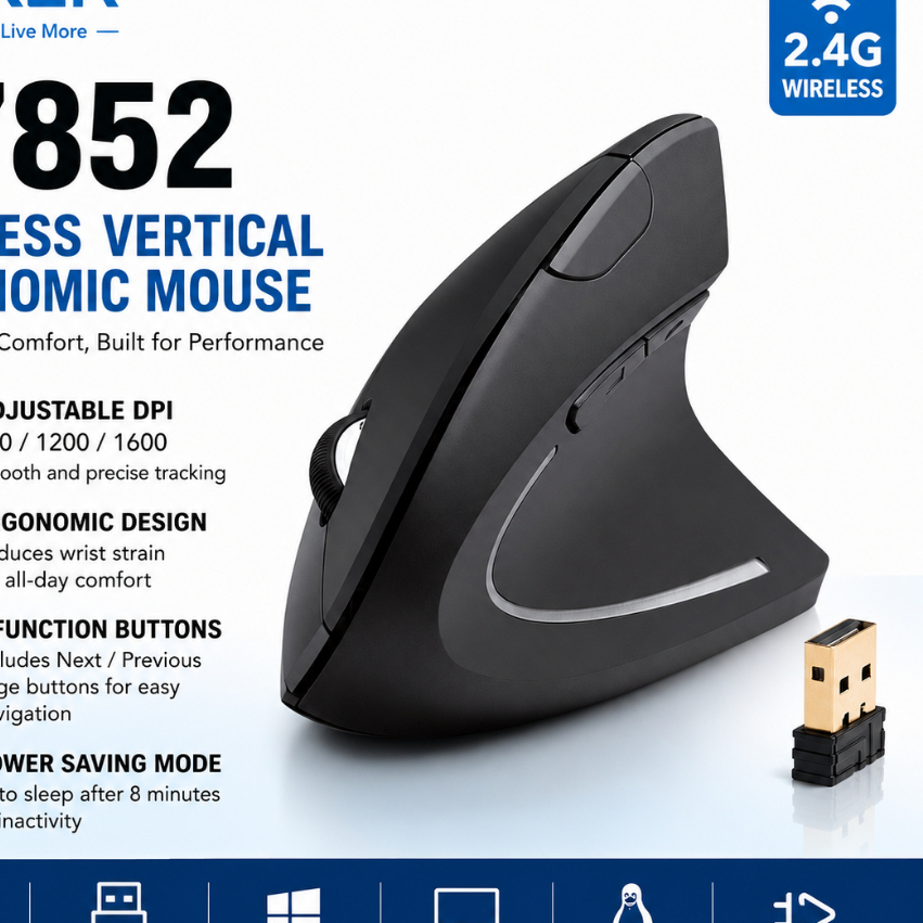 ANKER A7852 Wireless Vertical Ergonomic Optical Mouse 2.4G USB Receiver 1600 DPI 6 Button Right Hand