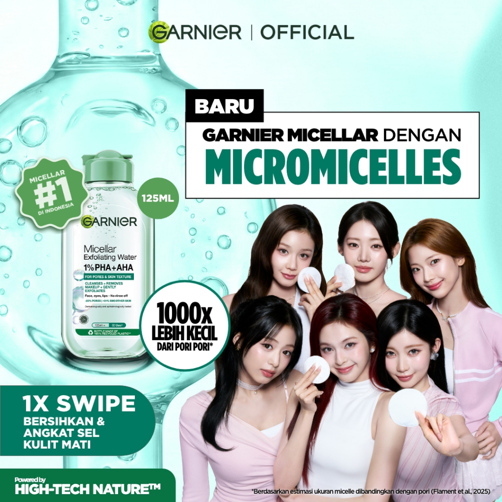 Garnier Micellar Peeling Water 1% AHA + PHA - 125ml (Pembersih Wajah & Make up untuk mengangkat sel 