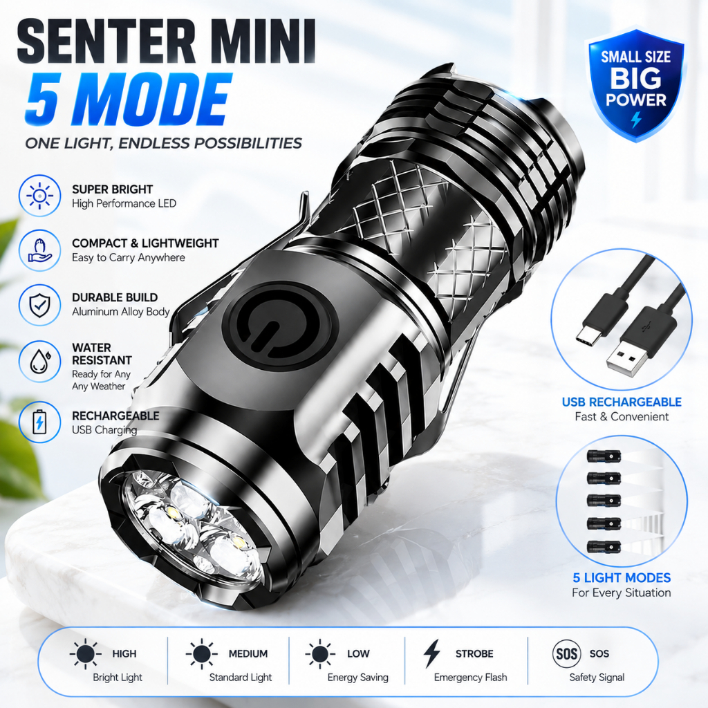 Senter Mini LED Super Terang Senter Jarak Jauh Center Mini Rechargeable | 3 Jenis Sumber Cahaya | 5 