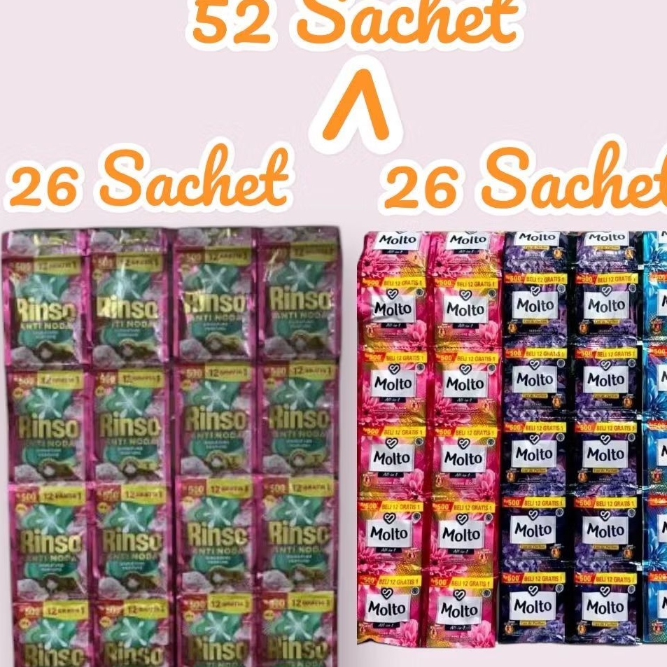 [52Sachet]Rinso Cair Kemasan Baru 20gr 26Sachet+26Sachet molto 10ml Varian Random