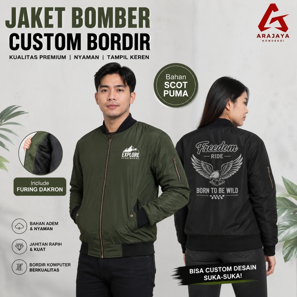 Custom Jaket Bomber Bordir Premium Scott Puma Waterproof | Free Desain | Furing Dakron | Size M-6XL 