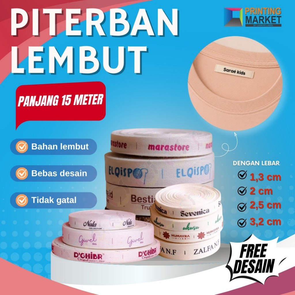 label piterban halus tebal custom printing lebel tag baju nama sendiri