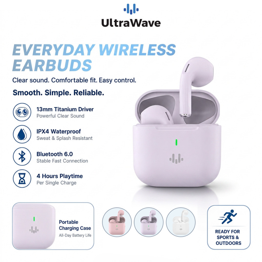 UltraWave TWS Earbuds Bluetooth 6.0 Wireless Headset Earphone Stereo 13mm Titanium Driver IPX4 Charg
