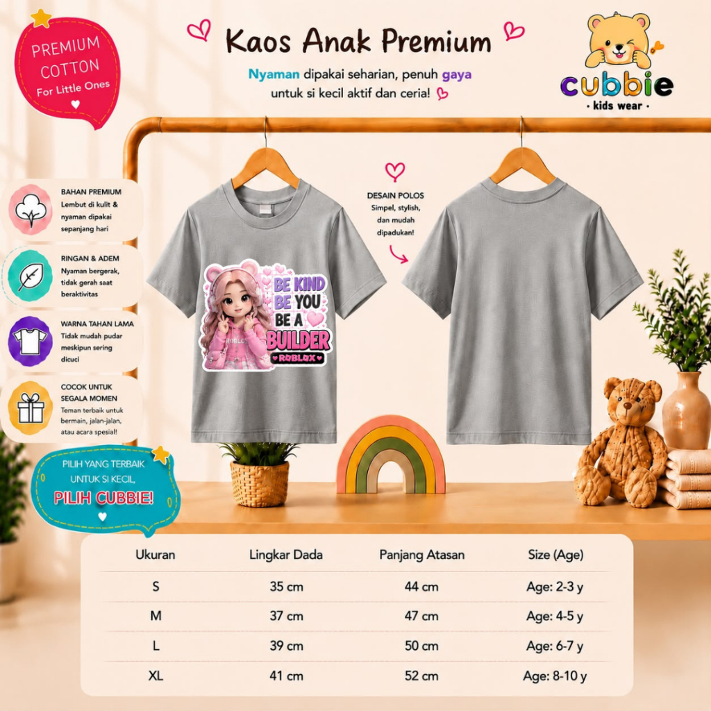 Kaos Anak Katun Cubbie Premium Cotton Roblox Builder Game Girls Tshirt Unisex Lucu Nyaman Dipakai Me