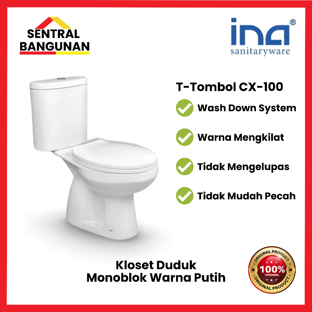 INA [KHUSUS INSTANT] Monoblok / Monoblock / Kloset Duduk Wash Down System Otomatis Putih Tombol CX-1