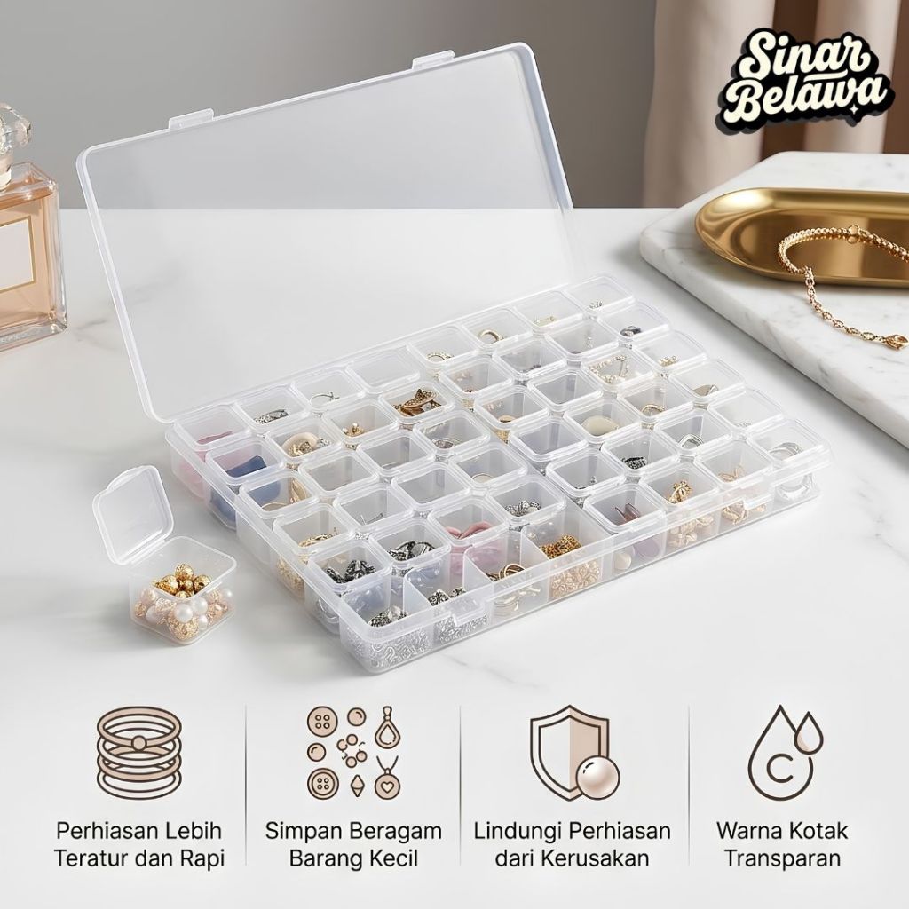 Kotak Perhiasan 56 Grid Transparan Box Sekat Plastik Manik Crafts Diamond