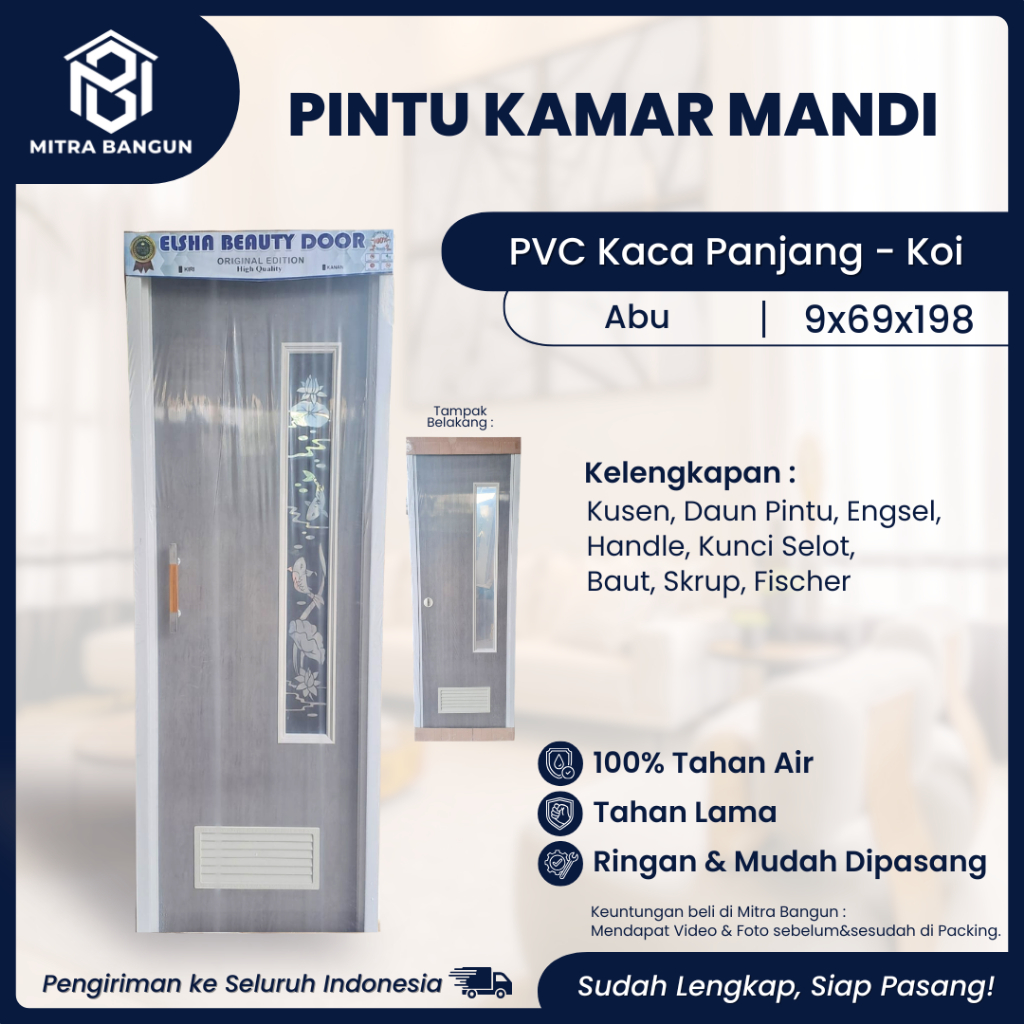 (Ready Stock) Pintu Kamar Mandi Toilet PVC Abu 70x200 Minimalis Awet Motif Kaca Polos 69x198 Pintu W