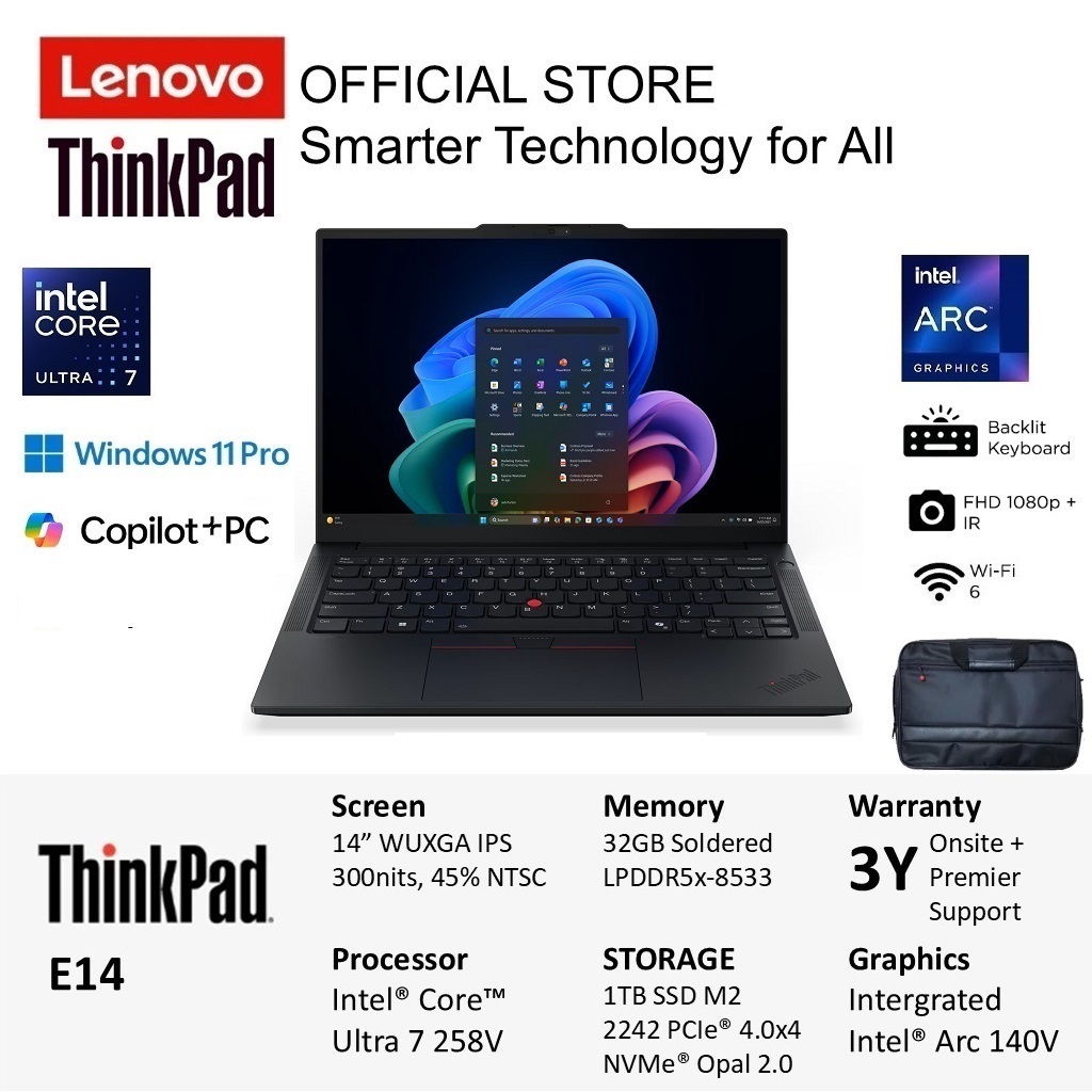 Lenovo ThinkPad E14 Ultra 7 258V 32GB 1TB Win11Pro 14" Include Asuransi
