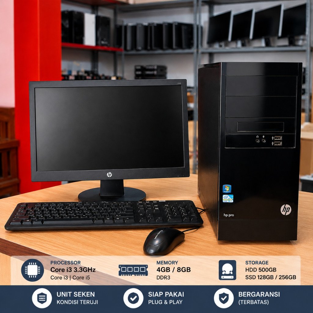 HP Pro 3330 PC Bekas Core i3 3.3GHz 4GB RAM 500GB HDD Monitor 19 Inch Siap Pakai